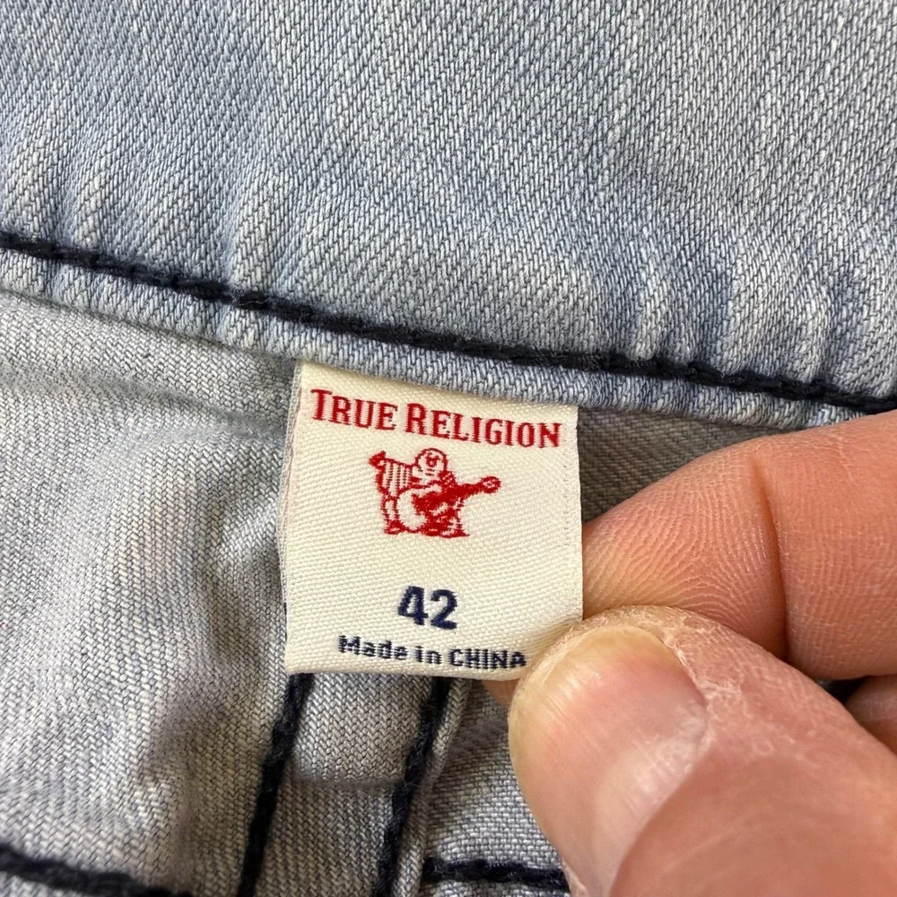 True Religion Rocco Relaxed Skinny Moto Jeans Mens 42 Light Wash Blue 102683